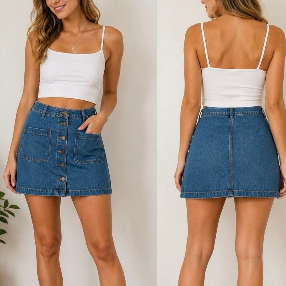 Old Navy Button Front Denim Mini Skirt 4 Cotton Patch Pocket Comfy Casual Summer